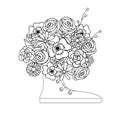 Anti stress flowers bouquet in the snickers, flowering monochrome vector illustration